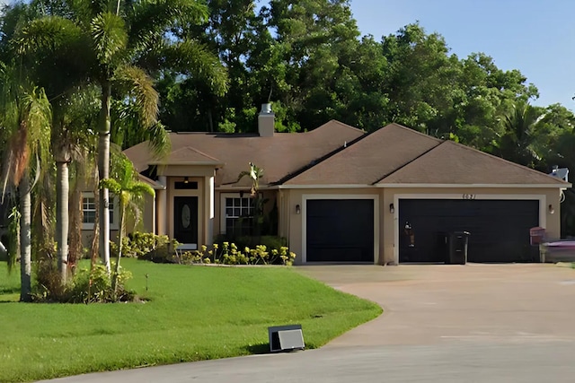 view of front of home featuring a garage, driveway, stucco siding, a chimney, and a front yard