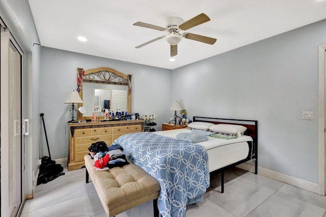 bedroom with recessed lighting, a ceiling fan, and baseboards