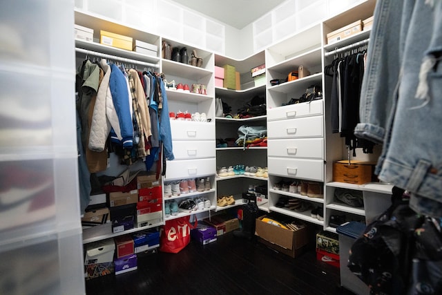 walk in closet with wood finished floors