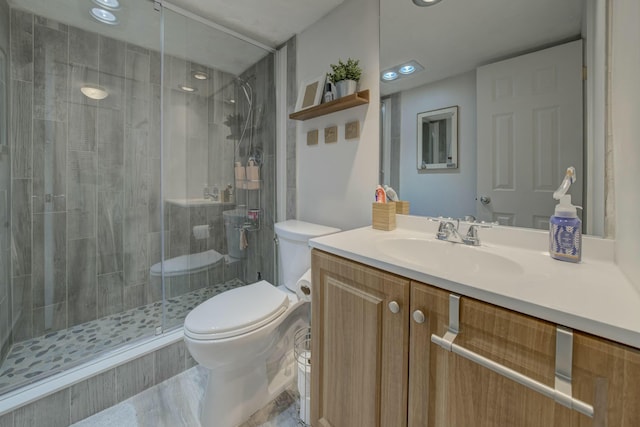 bathroom featuring a shower stall, vanity, and toilet