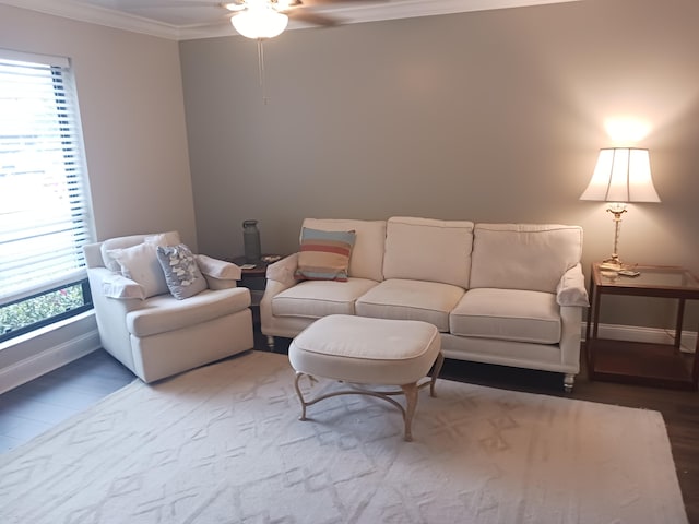 living area featuring a wealth of natural light, baseboards, crown molding, and wood finished floors