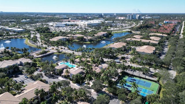 bird's eye view featuring a water view and a residential view