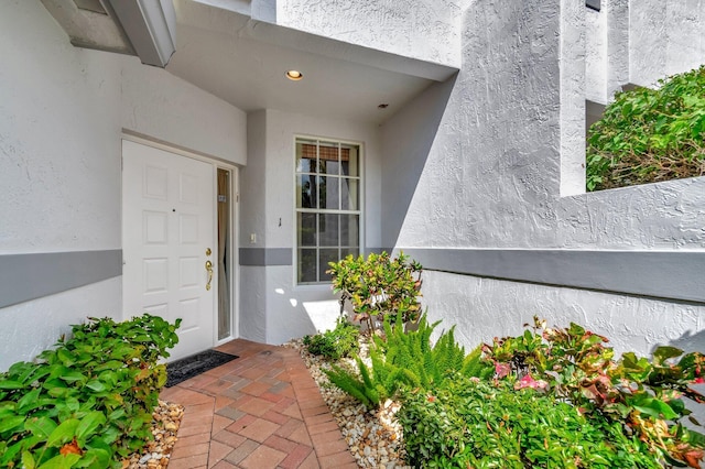 view of exterior entry featuring stucco siding