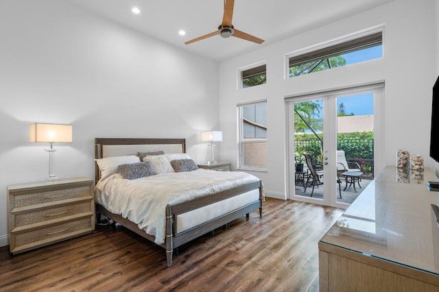 bedroom featuring access to exterior, ceiling fan, wood finished floors, and recessed lighting