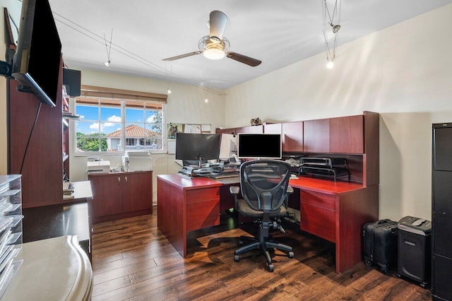 home office with a ceiling fan and hardwood / wood-style floors