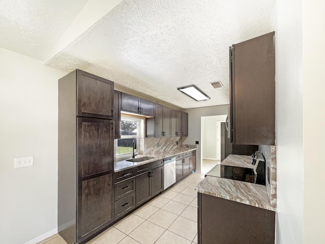 kitchen featuring dark brown cabinetry, dishwasher, decorative backsplash, and a sink