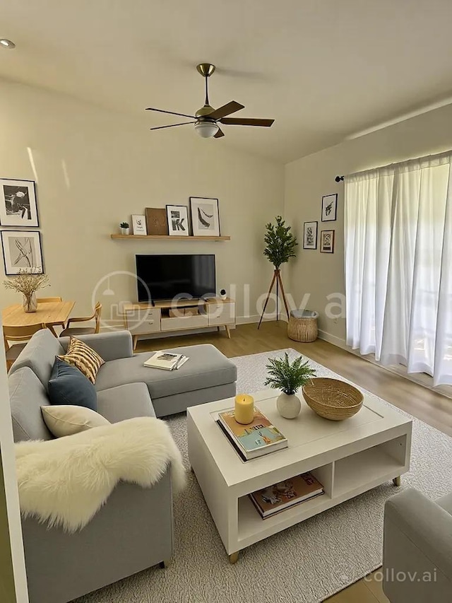 3345 Pine Hill Trl, Palm Beach Gardens, FL 33418 - living room with a ceiling fan, lofted ceiling, wood finished floors, and baseboards