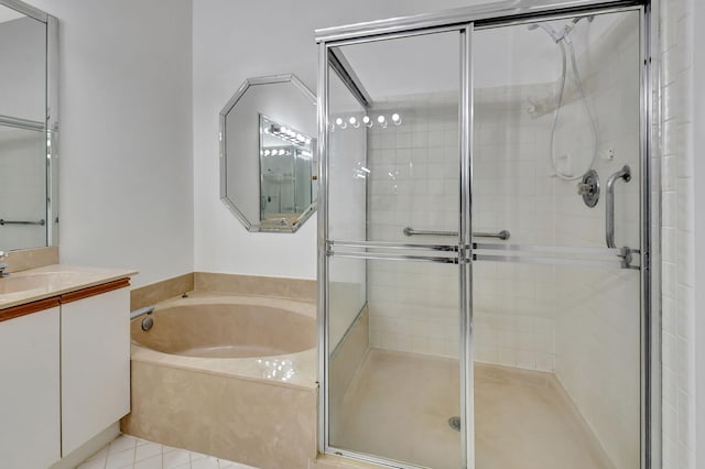 full bath featuring tile patterned flooring, a shower stall, vanity, and a bath