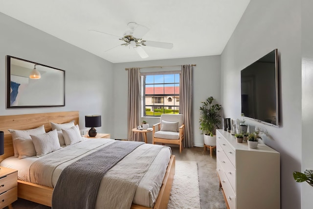 bedroom featuring carpet floors and ceiling fan