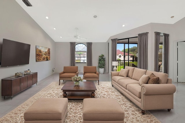 living room featuring high vaulted ceiling, visible vents, a ceiling fan, and recessed lighting