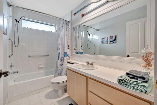 bathroom with toilet, tile patterned flooring, shower / tub combo with curtain, and vanity