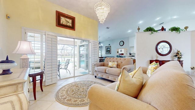 living room featuring a chandelier, a sunroom, vaulted ceiling, and light tile patterned floors
