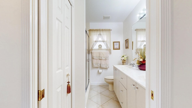 full bath with double vanity, visible vents, toilet, tile patterned flooring, and a closet