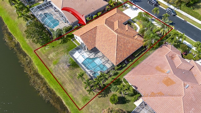 aerial view featuring a water view