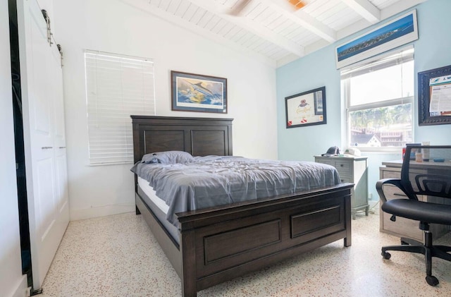 bedroom featuring wood ceiling, light speckled floor, and lofted ceiling with beams