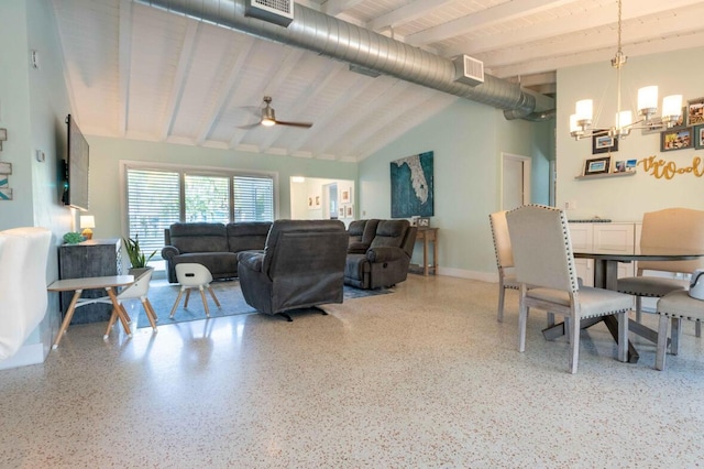 living area with visible vents, beamed ceiling, high vaulted ceiling, ceiling fan with notable chandelier, and speckled floor