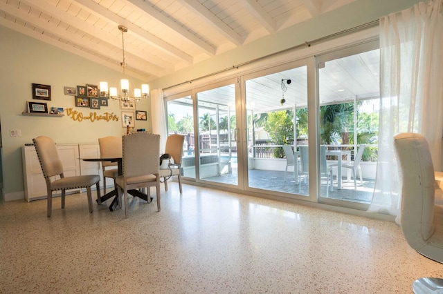 dining room with beam ceiling, wooden ceiling, an inviting chandelier, high vaulted ceiling, and speckled floor