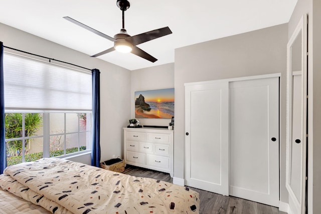 bedroom featuring a closet, a ceiling fan, and wood finished floors