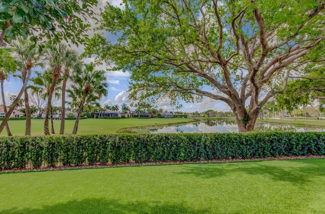 surrounding community with a water view and a yard