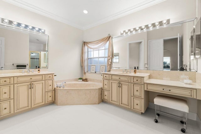 full bathroom with a garden tub, two vanities, a sink, and crown molding