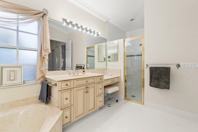 bathroom with a garden tub, crown molding, a shower stall, and vanity