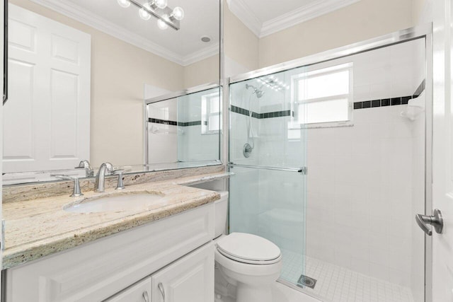 full bath featuring vanity, ornamental molding, a shower stall, and toilet