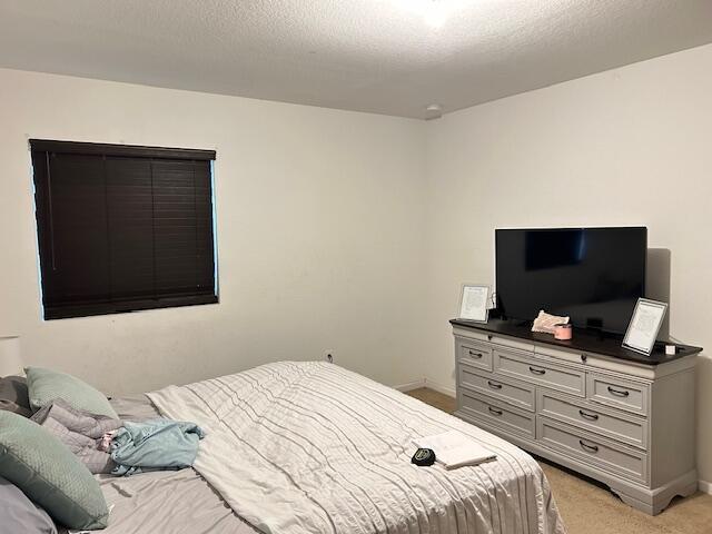 bedroom with light colored carpet, a textured ceiling, and baseboards