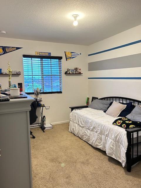 bedroom with carpet flooring, a textured ceiling, and baseboards