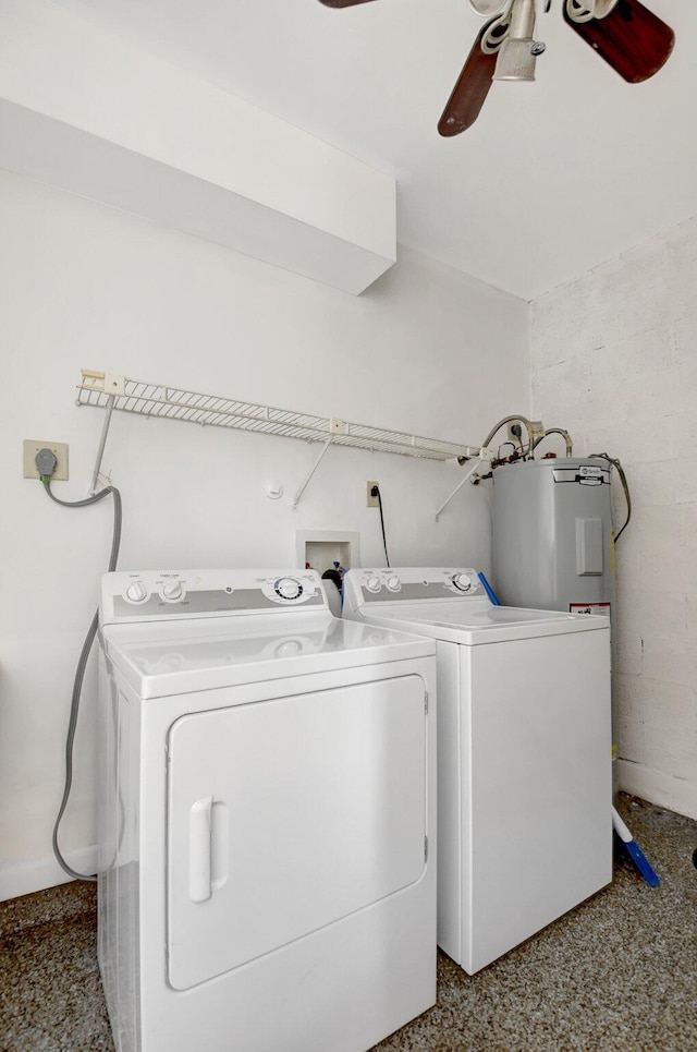 washroom featuring concrete block wall, laundry area, ceiling fan, washing machine and clothes dryer, and electric water heater