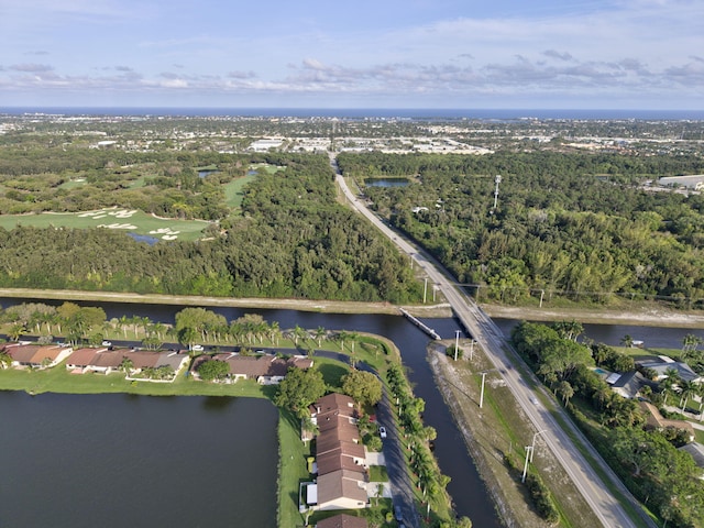 bird's eye view featuring a water view and a forest view