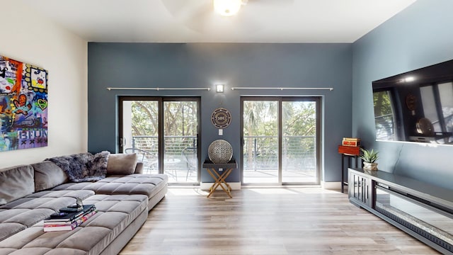 living room featuring a wealth of natural light and wood finished floors