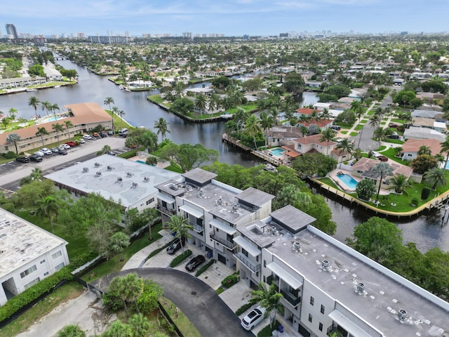 bird's eye view with a water view and a view of city