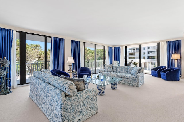 living area featuring floor to ceiling windows and carpet