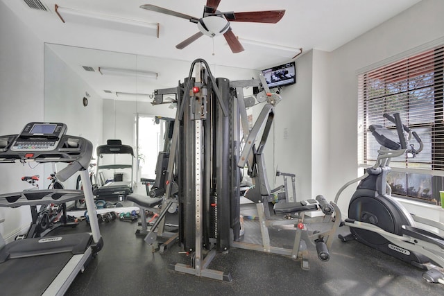 workout area with ceiling fan and visible vents