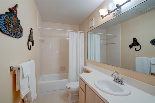 bathroom with shower / bath combo with shower curtain, vanity, toilet, and tile patterned floors