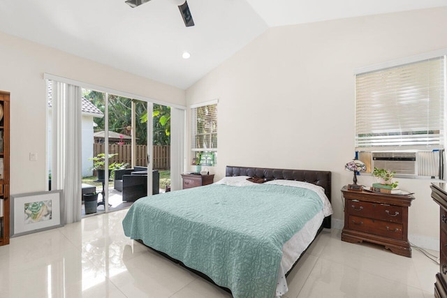 bedroom with lofted ceiling, cooling unit, recessed lighting, a ceiling fan, and access to outside