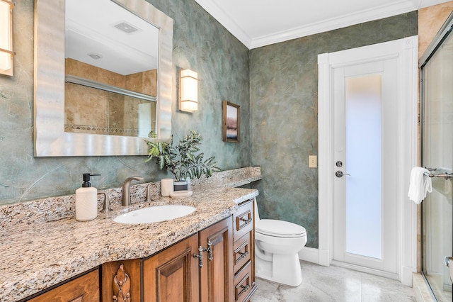 bathroom featuring visible vents, toilet, ornamental molding, an enclosed shower, and vanity