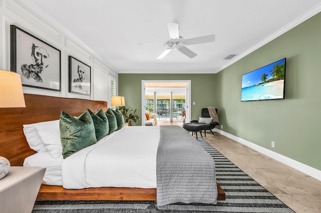 bedroom with visible vents, crown molding, and baseboards