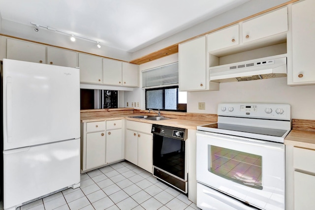kitchen featuring white appliances, white cabinetry, a sink, open shelves, and light tile patterned floors