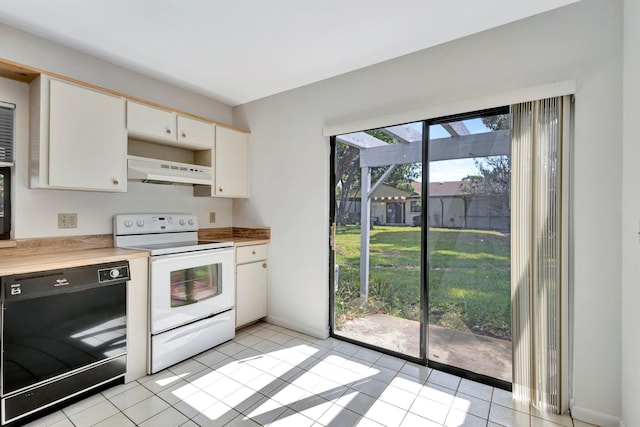 kitchen featuring white cabinets, light countertops, white electric stove, dishwasher, and under cabinet range hood