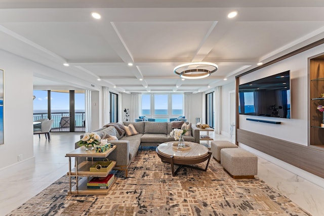 living area featuring recessed lighting, coffered ceiling, marble finish floor, and baseboards