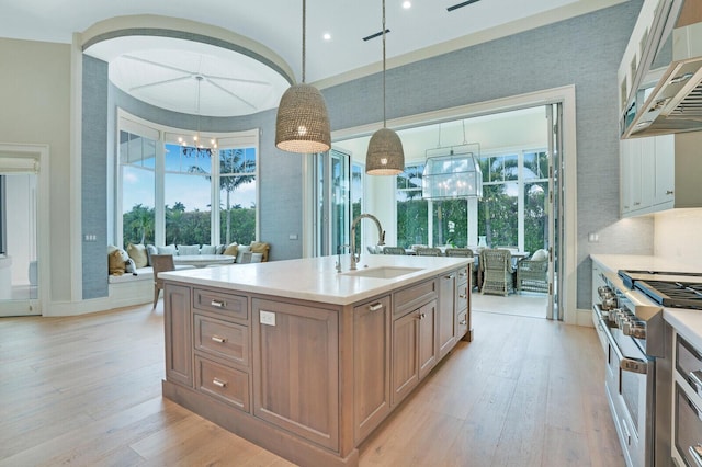 kitchen featuring range hood, a notable chandelier, light wood-style floors, a sink, and double oven range