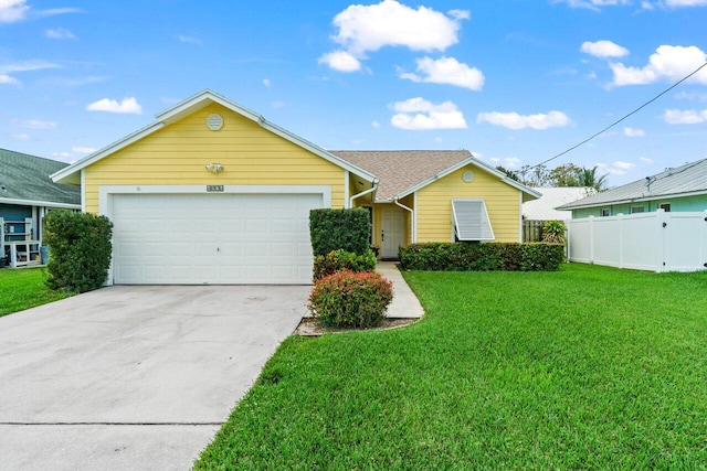 view of front of house featuring an attached garage, fence, a front lawn, and concrete driveway