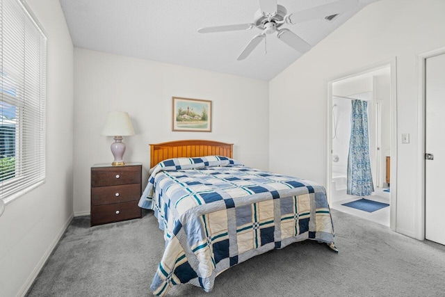 bedroom with carpet floors, baseboards, a ceiling fan, and lofted ceiling