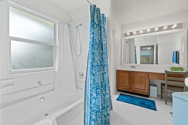 full bathroom featuring shower / tub combo, a healthy amount of sunlight, vanity, and tile patterned floors