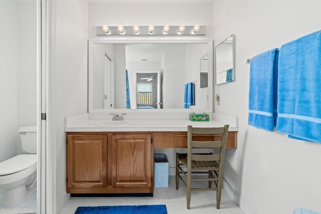 bathroom featuring ceiling fan, vanity, and toilet