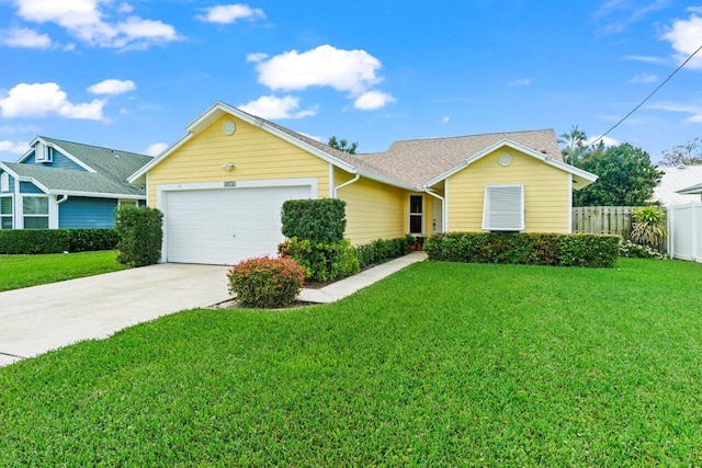 ranch-style home featuring a front lawn, concrete driveway, fence, and an attached garage