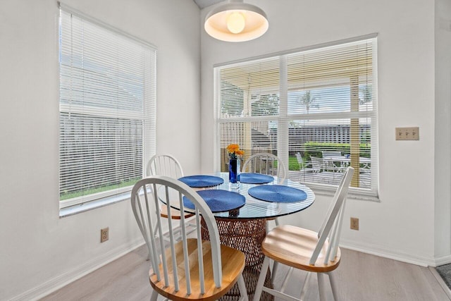 dining area featuring baseboards, wood finished floors, and a healthy amount of sunlight