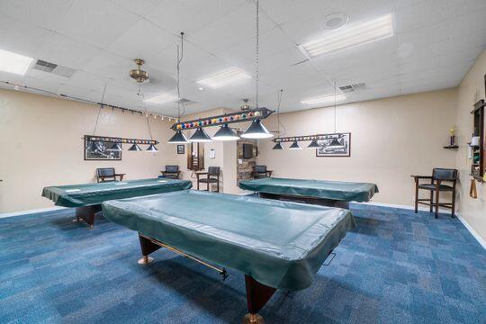 playroom featuring visible vents, baseboards, carpet, and billiards