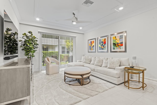 living area featuring ornamental molding, recessed lighting, visible vents, and a ceiling fan